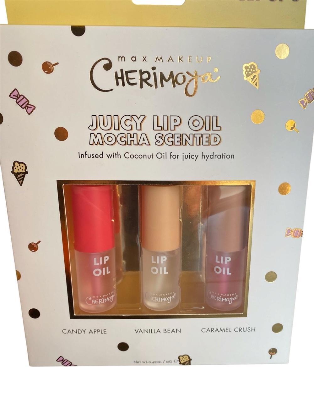 Cherimoya Juicy Lip Oil Set Mocha Scented Coconut Oil Hydrating Trio Gift Set